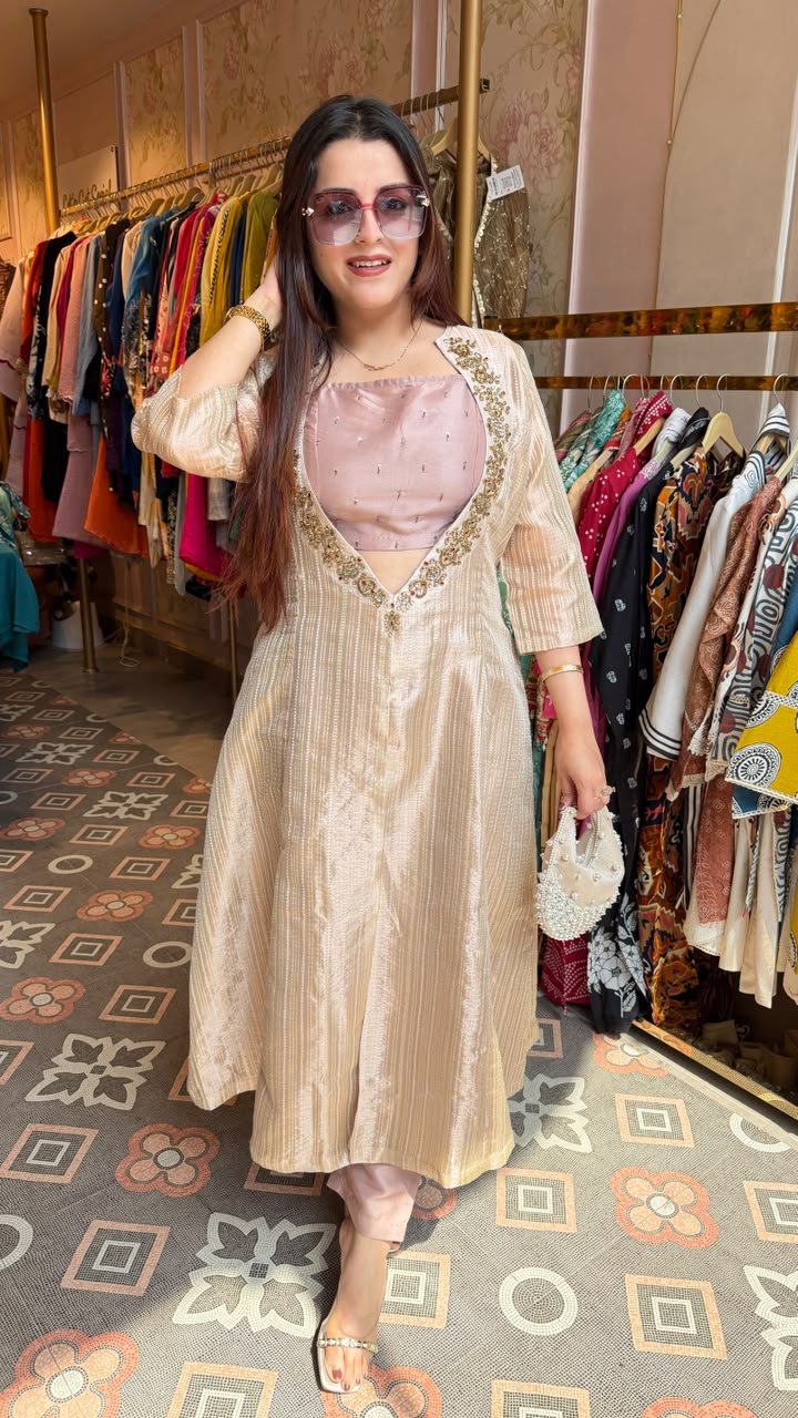 Ivory Gold Embroidered Long Kurta Set