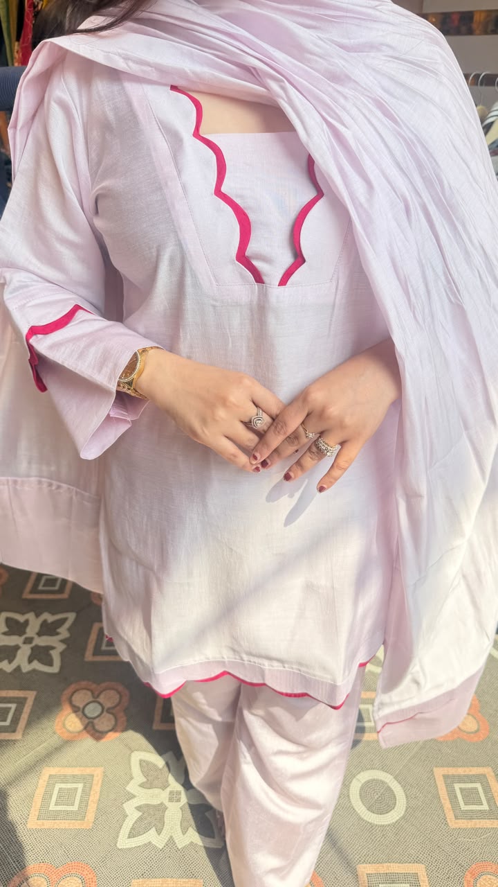 Scallop-Edge Cotton Kurta Pant Set with Dupatta