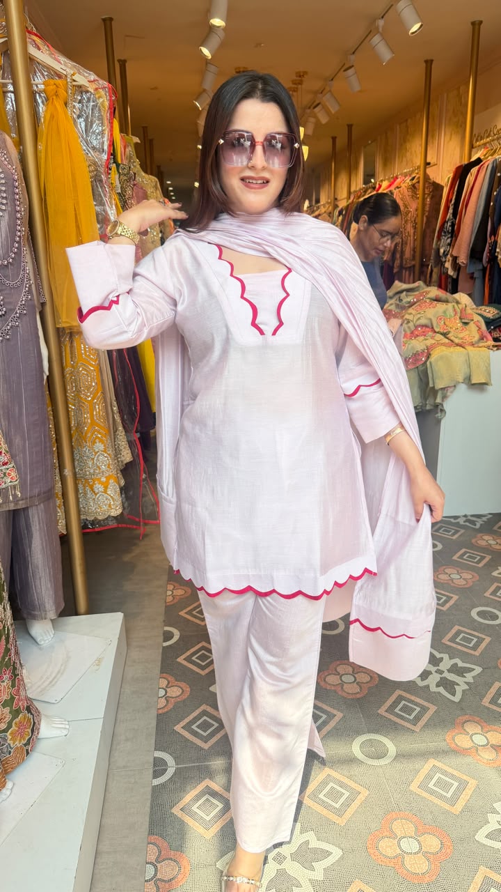 Scallop-Edge Cotton Kurta Pant Set with Dupatta