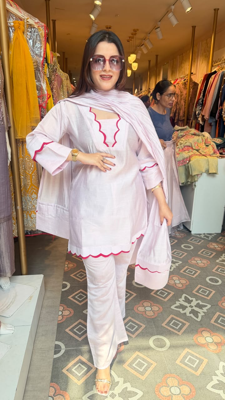 Scallop-Edge Cotton Kurta Pant Set with Dupatta