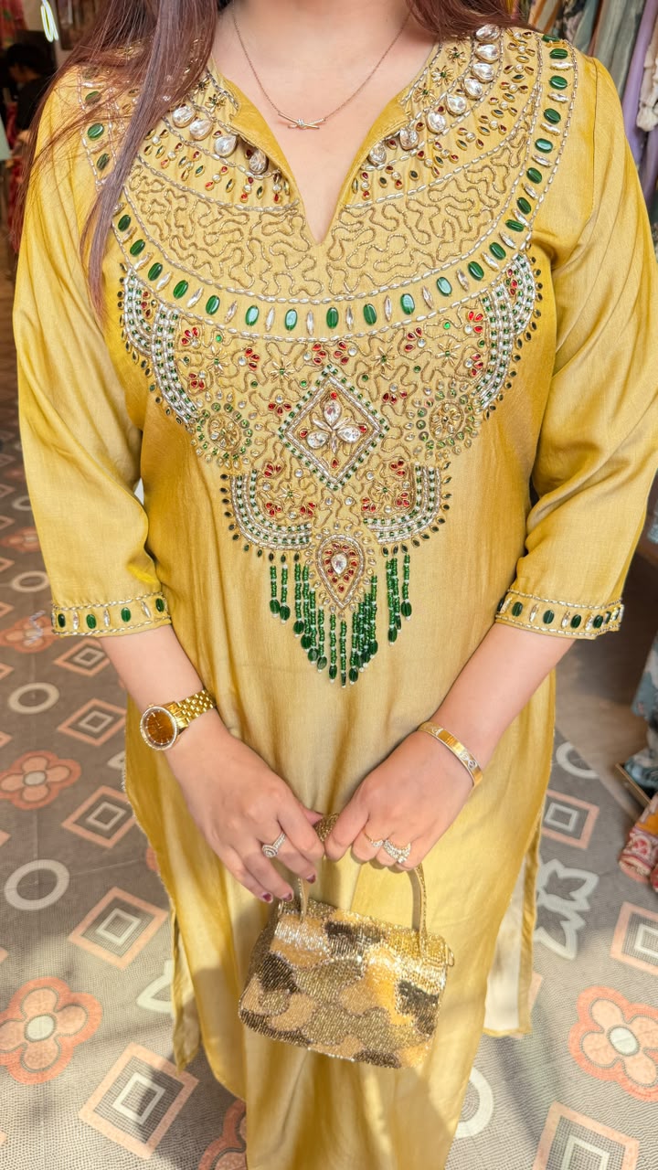 Mustard Embellished Straight-Cut Kurta Set