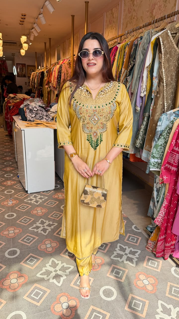 Mustard Embellished Straight-Cut Kurta Set