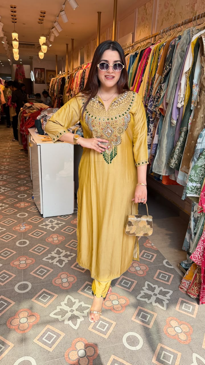 Mustard Embellished Straight-Cut Kurta Set