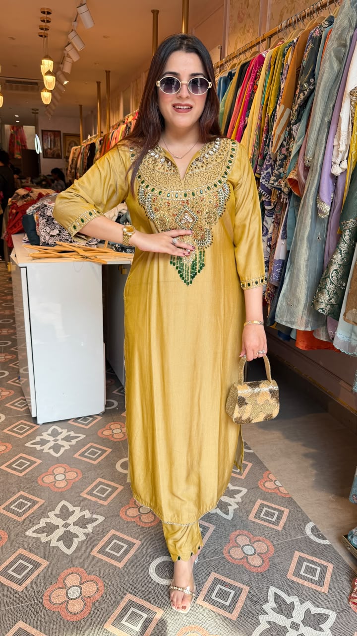 Mustard Embellished Straight-Cut Kurta Set
