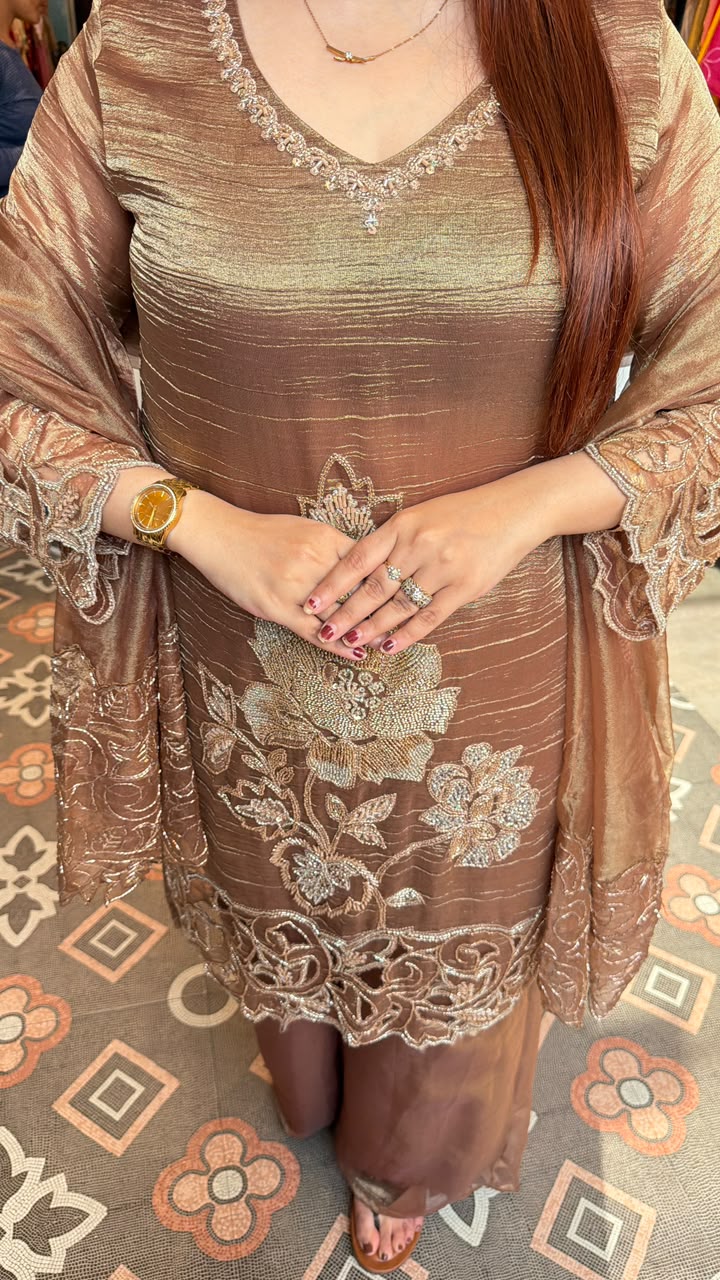 Antique Rose Gold Tissue Embroidered 3-Piece Suit