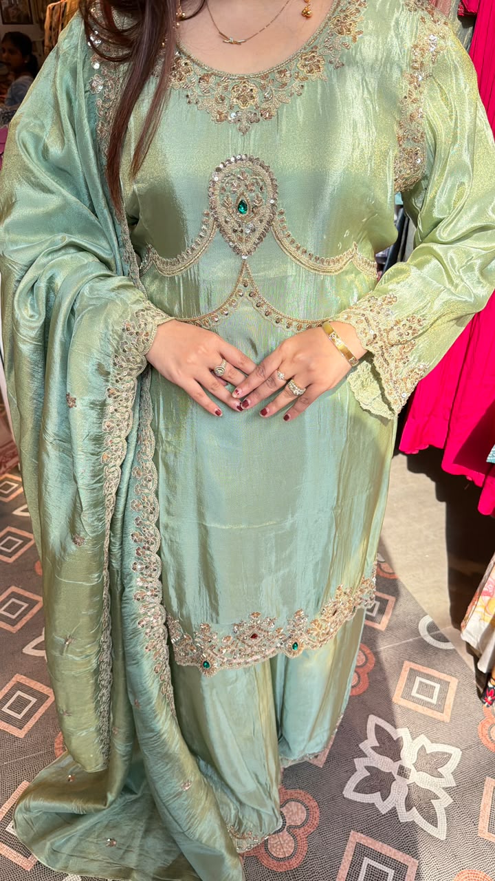 Embroidered Silk Kurta Set with Palazzo & Dupatta
