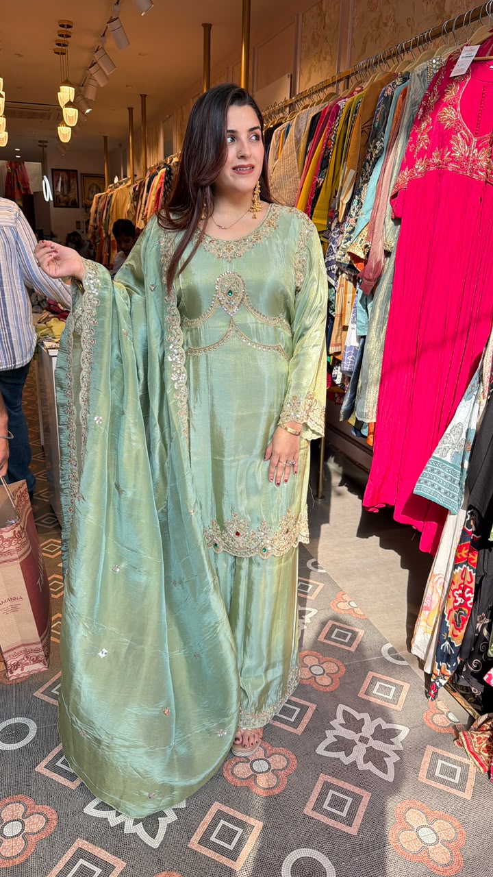 Embroidered Silk Kurta Set with Palazzo & Dupatta