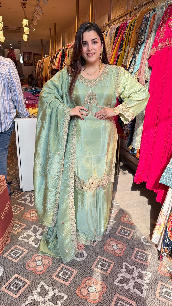 Embroidered Silk Kurta Set with Palazzo & Dupatta