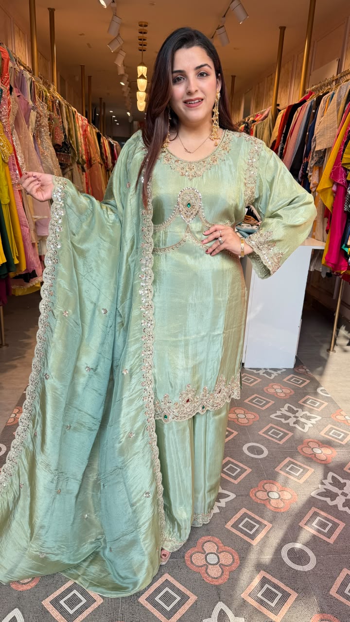 Embroidered Silk Kurta Set with Palazzo & Dupatta