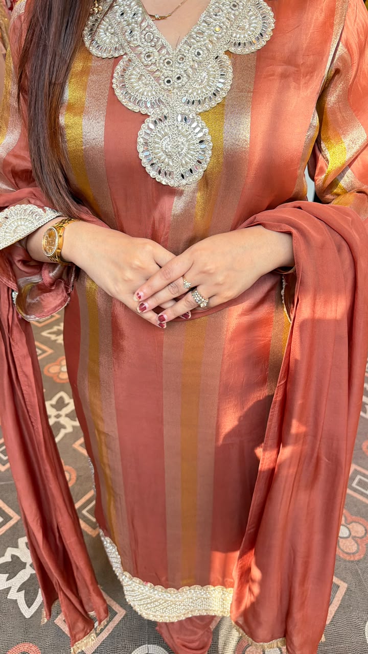 Peach Gold Striped Embroidered Straight Suit Set