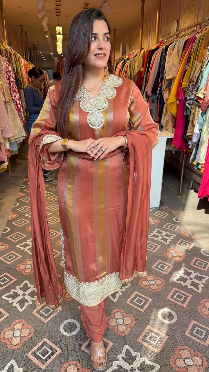 Peach Gold Striped Embroidered Straight Suit Set