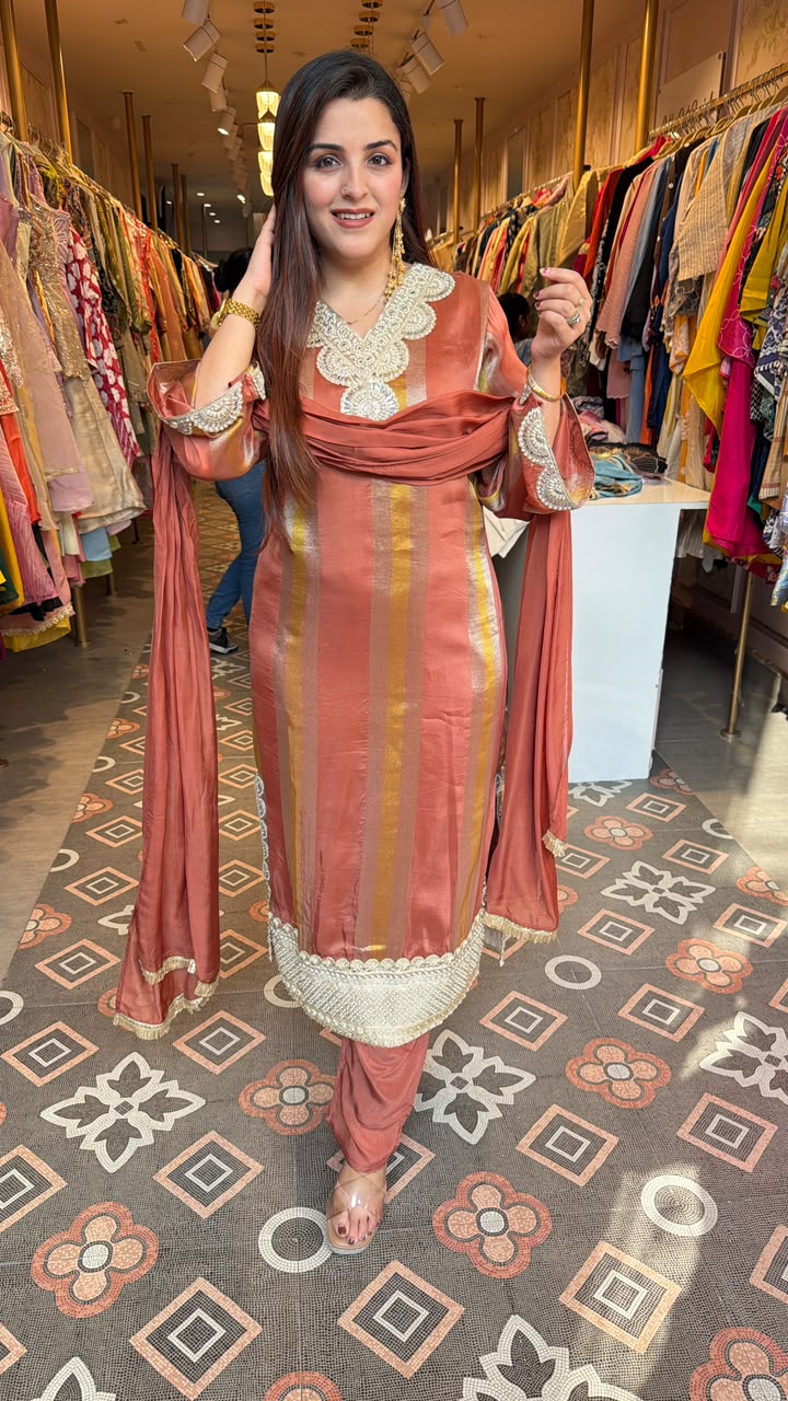 Peach Gold Striped Embroidered Straight Suit Set