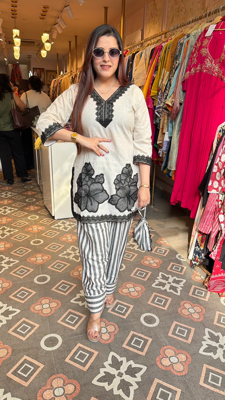 Contemporary Floral Embroidered Kurta with Striped Pants