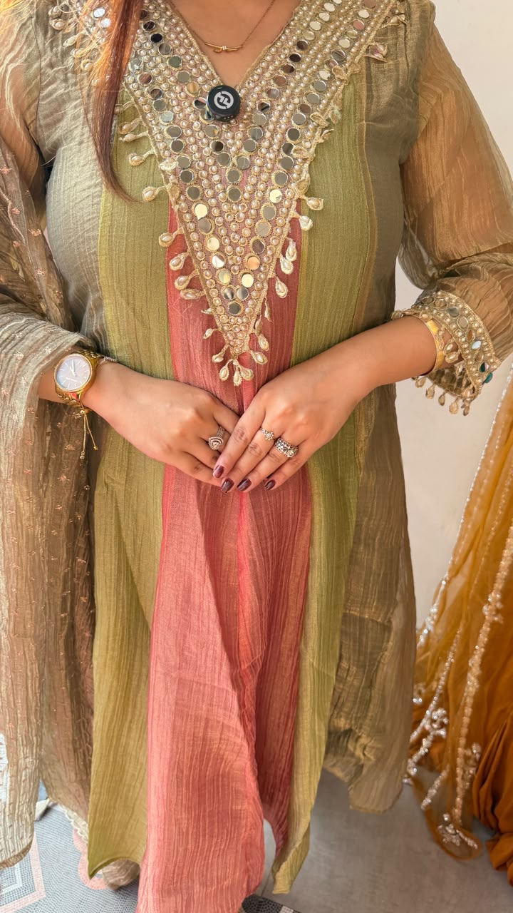 Olive Green & Coral Embellished Anarkali Suit