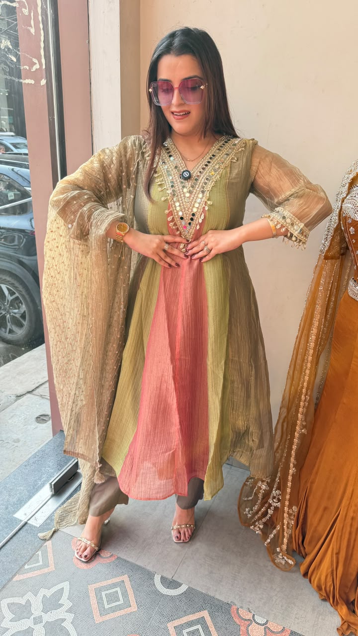 Olive Green & Coral Embellished Anarkali Suit