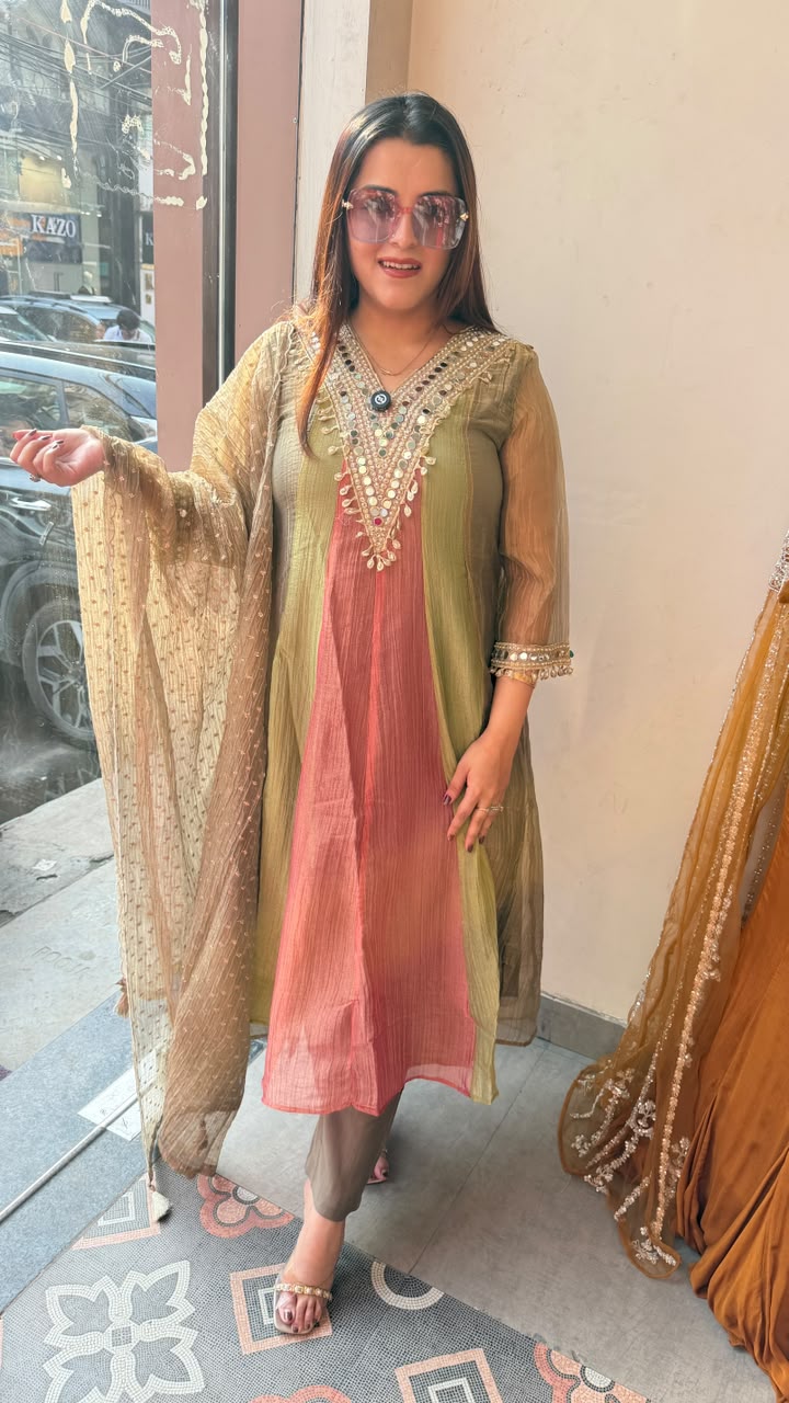 Olive Green & Coral Embellished Anarkali Suit