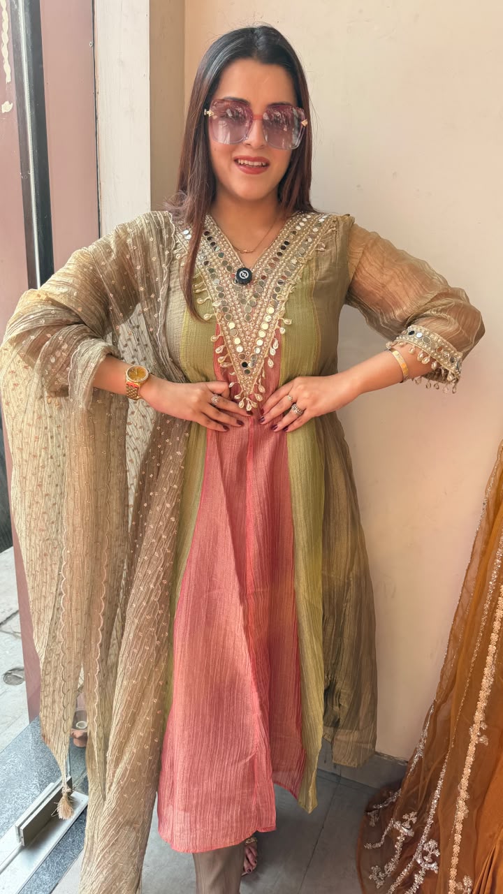 Olive Green & Coral Embellished Anarkali Suit