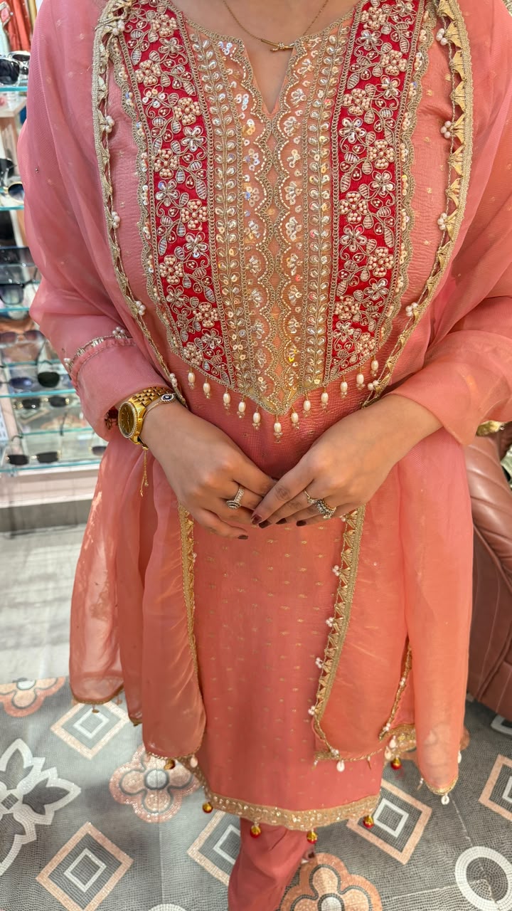 Peach Embroidered Chanderi Silk Kurta Set with Organza Dupatta