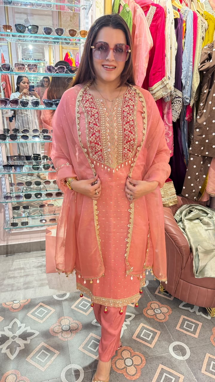 Peach Embroidered Chanderi Silk Kurta Set with Organza Dupatta