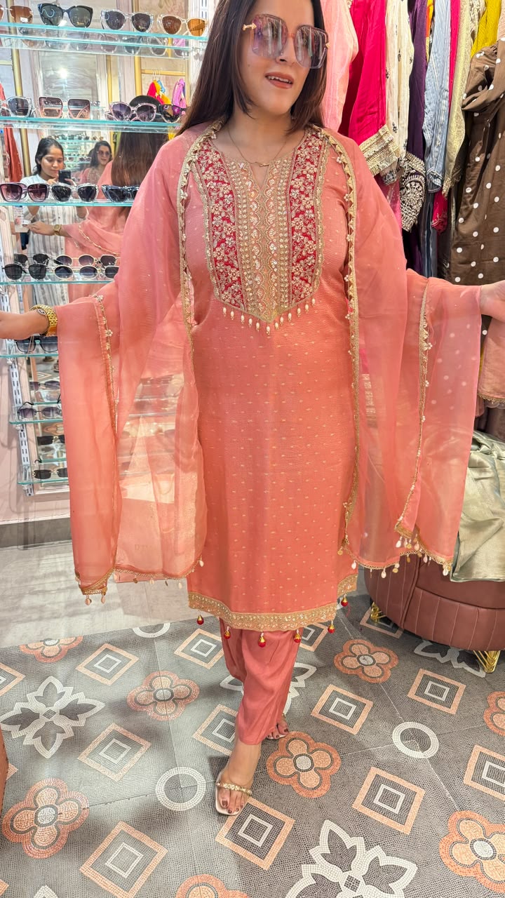 Peach Embroidered Chanderi Silk Kurta Set with Organza Dupatta