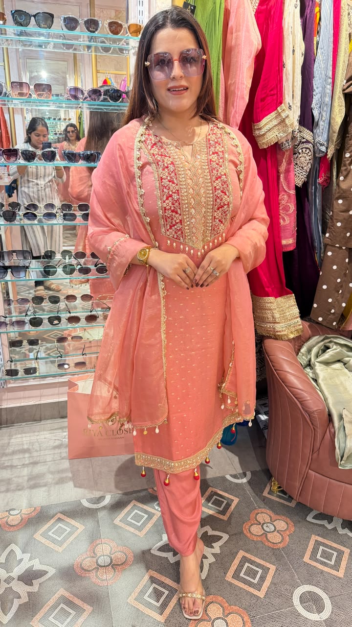 Peach Embroidered Chanderi Silk Kurta Set with Organza Dupatta