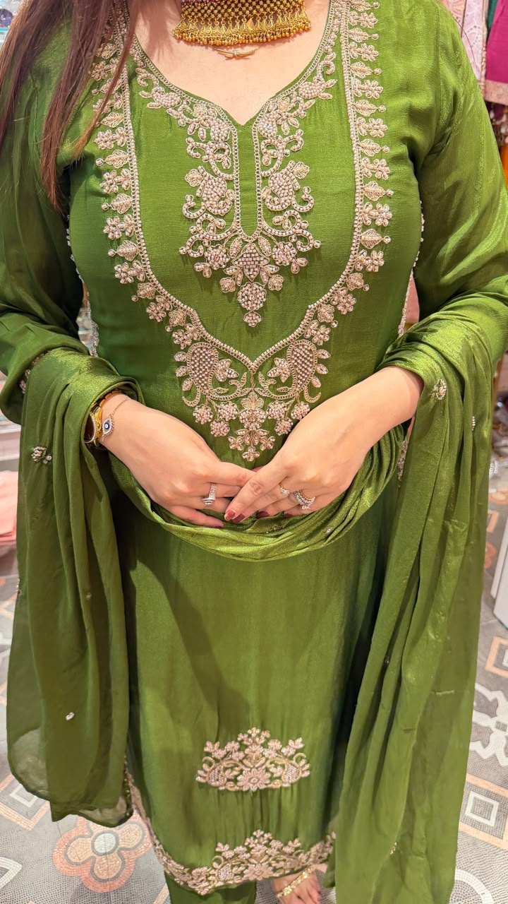 Olive Green Straight-Cut Kurta Set with Dupatta