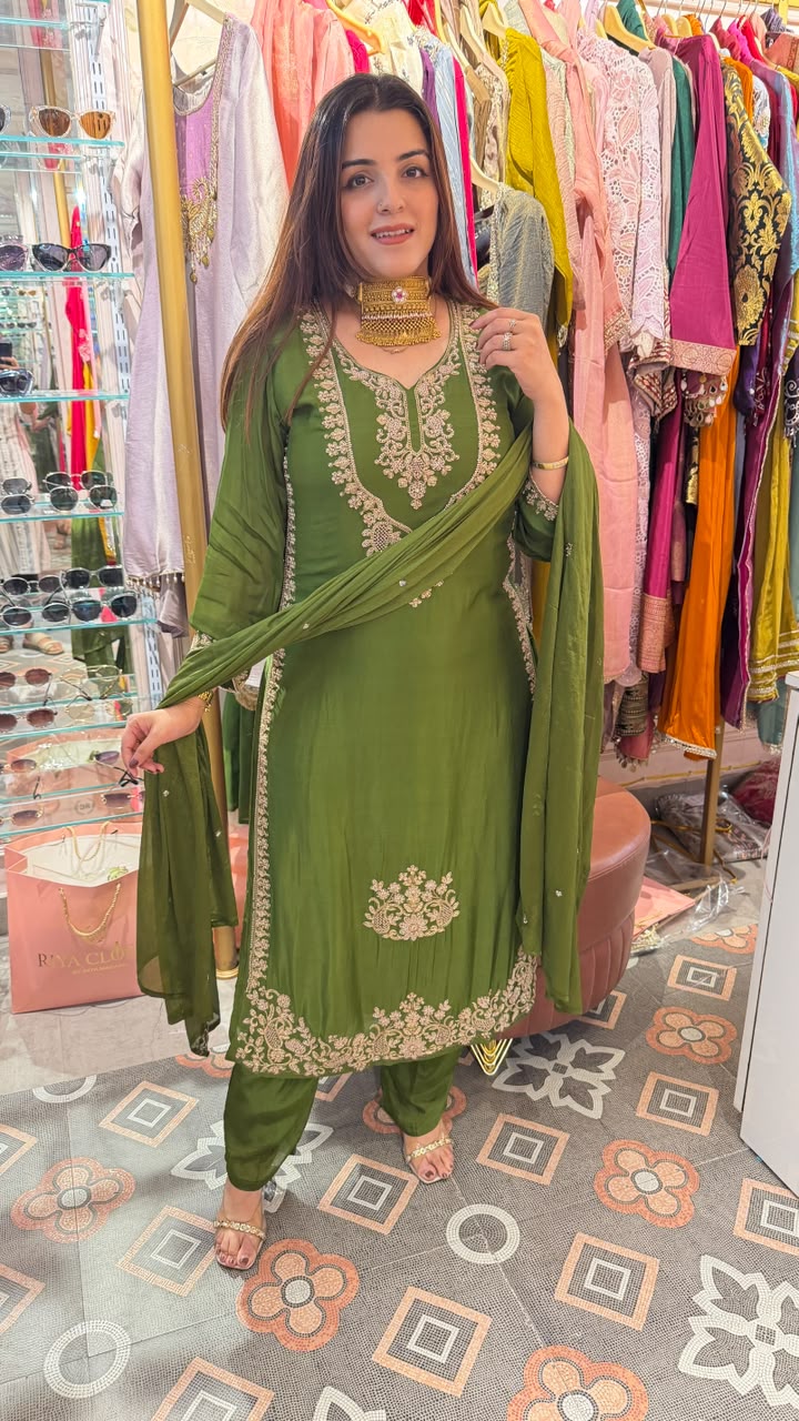 Olive Green Straight-Cut Kurta Set with Dupatta