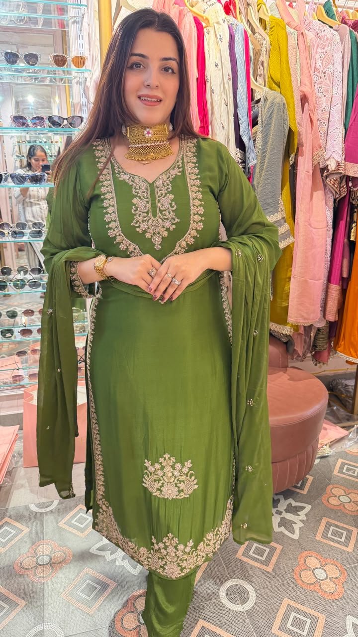 Olive Green Straight-Cut Kurta Set with Dupatta