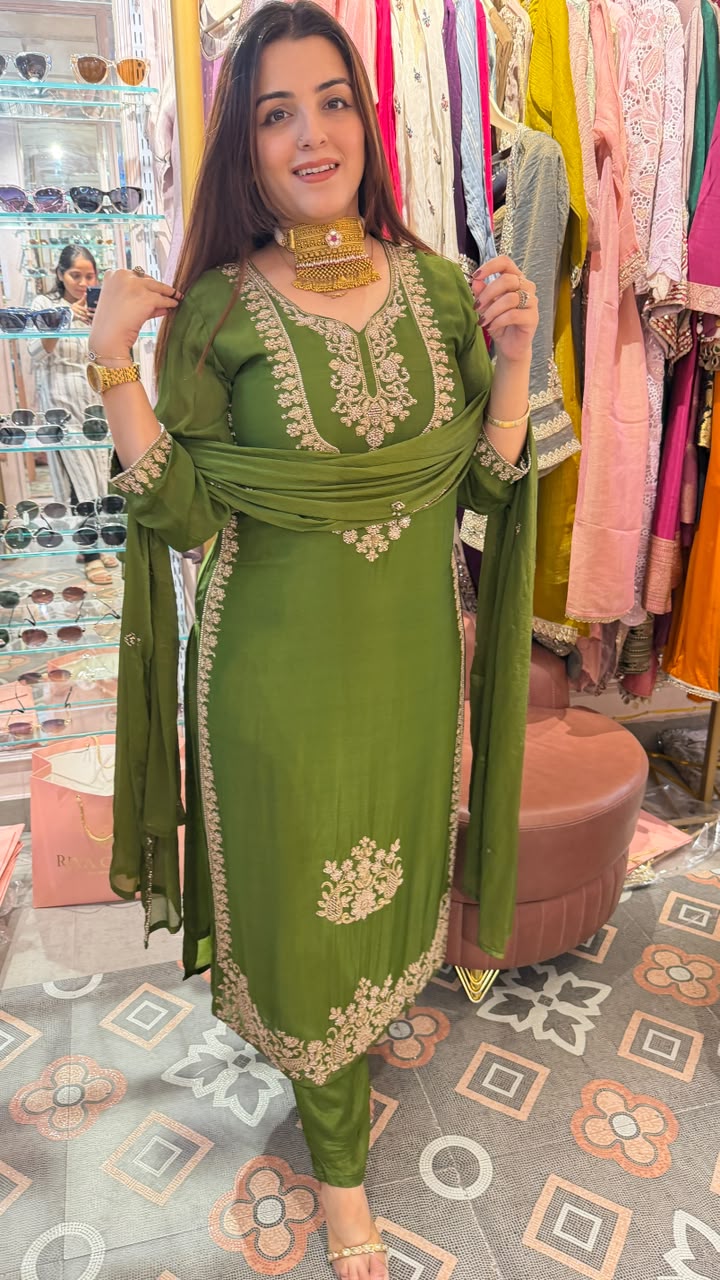 Olive Green Straight-Cut Kurta Set with Dupatta