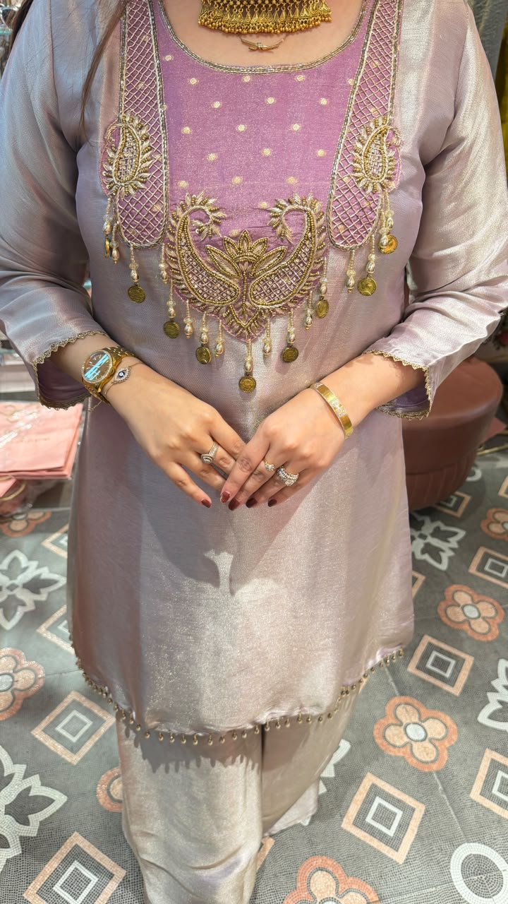 Embroidered Silk Kurta with Wide-Leg Palazzo Set