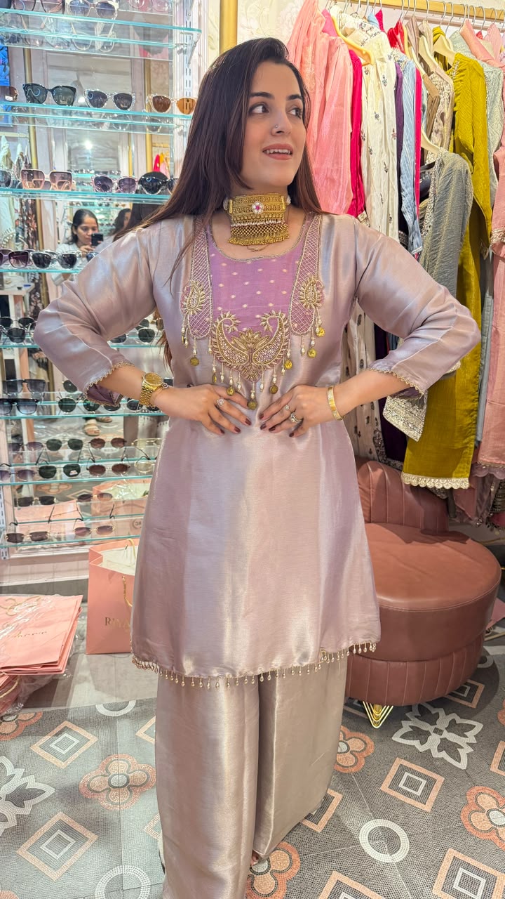 Embroidered Silk Kurta with Wide-Leg Palazzo Set