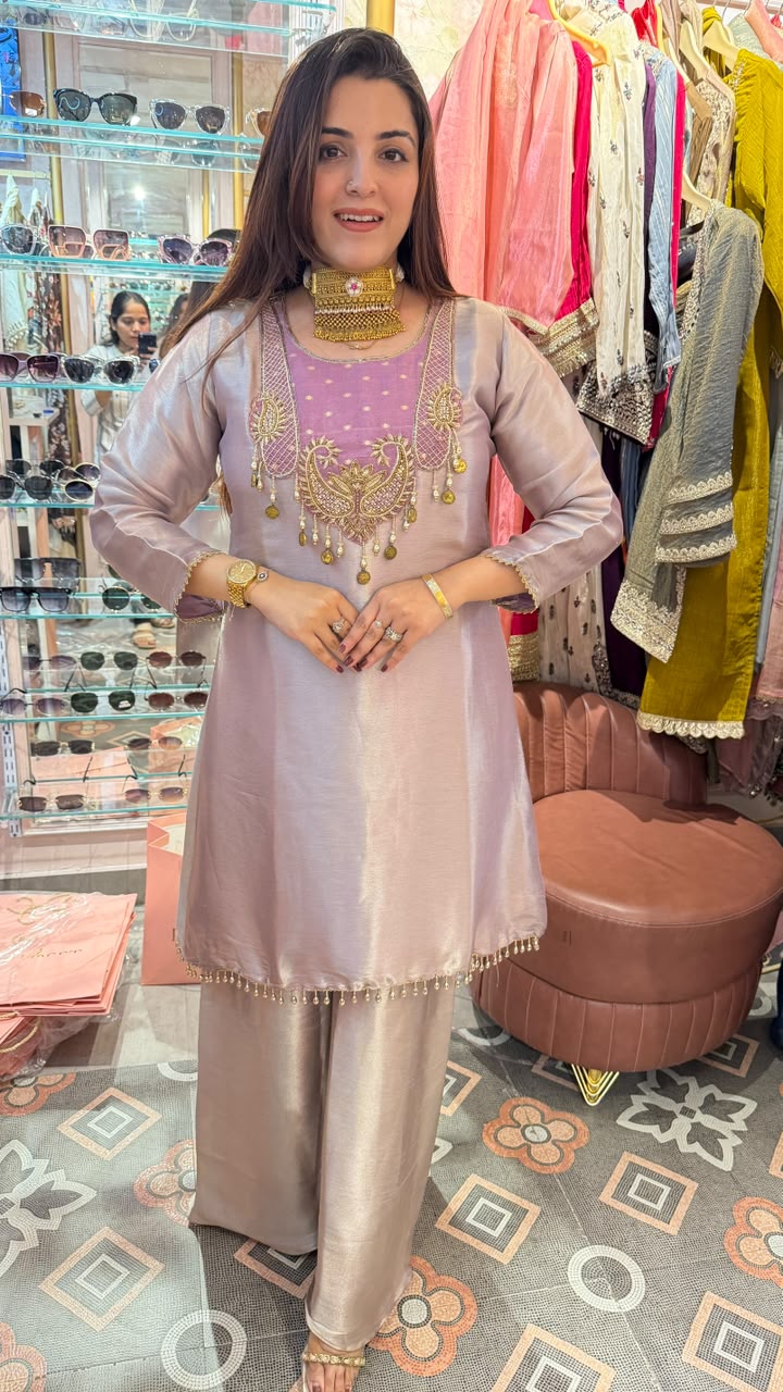 Embroidered Silk Kurta with Wide-Leg Palazzo Set