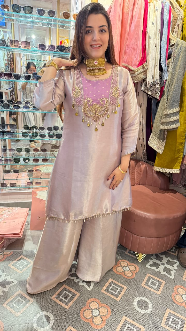 Embroidered Silk Kurta with Wide-Leg Palazzo Set