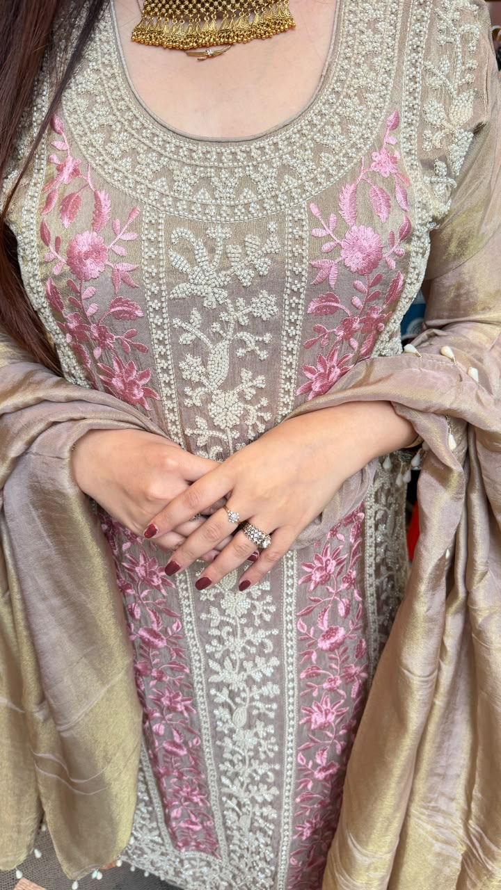 Pastel Floral Embroidered Straight-Cut Suit with Organza Dupatta