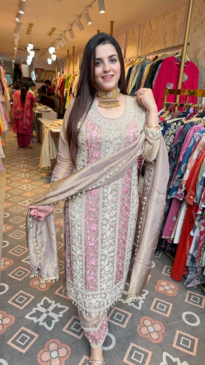 Pastel Floral Embroidered Straight-Cut Suit with Organza Dupatta