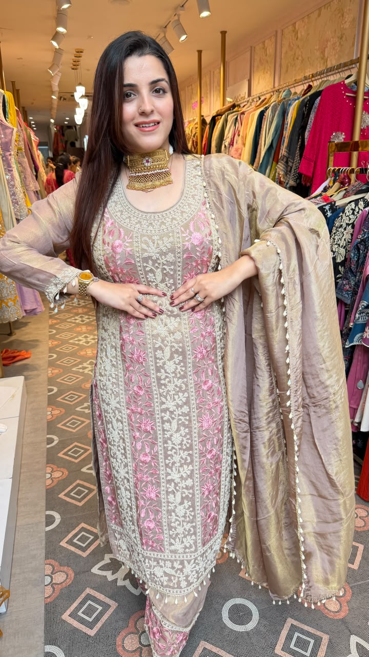 Pastel Floral Embroidered Straight-Cut Suit with Organza Dupatta