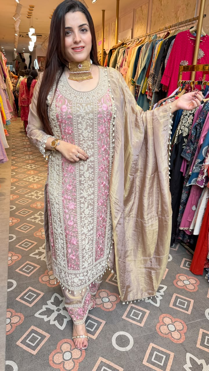 Pastel Floral Embroidered Straight-Cut Suit with Organza Dupatta