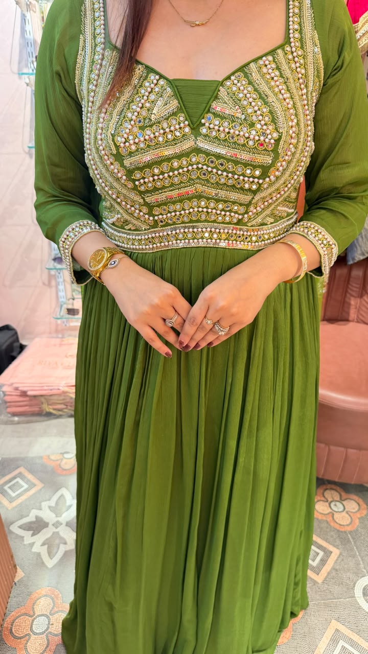 Olive Green Embellished Anarkali Gown with Dupatta