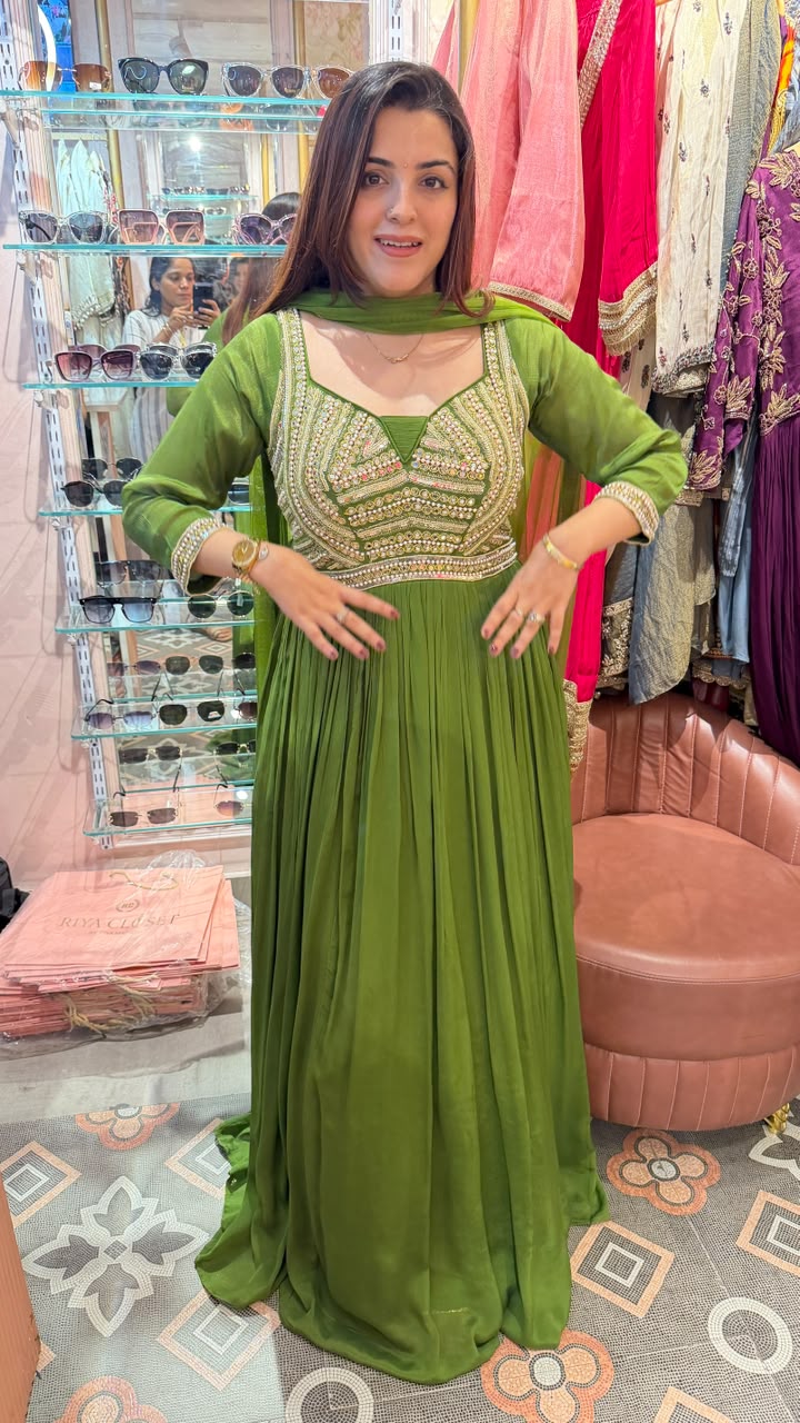 Olive Green Embellished Anarkali Gown with Dupatta