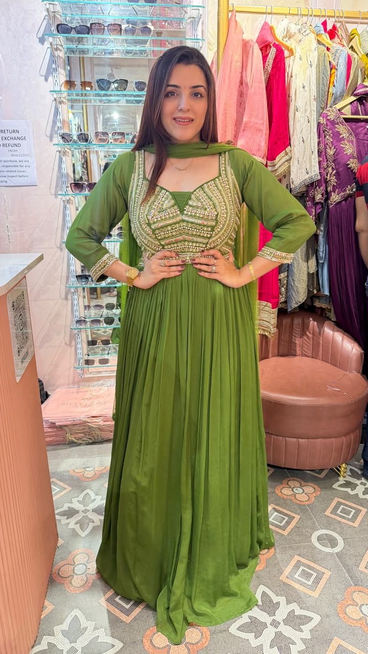 Olive Green Embellished Anarkali Gown with Dupatta