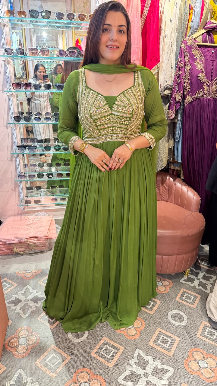Olive Green Embellished Anarkali Gown with Dupatta