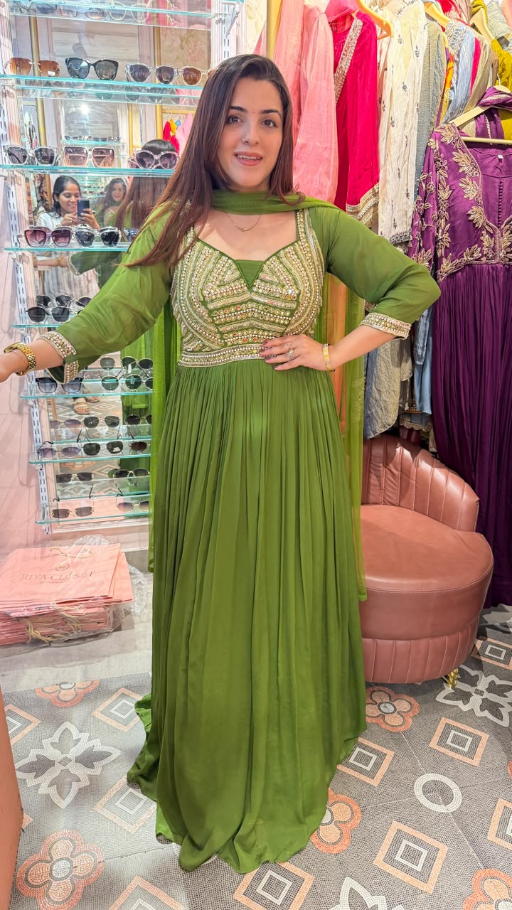Olive Green Embellished Anarkali Gown with Dupatta