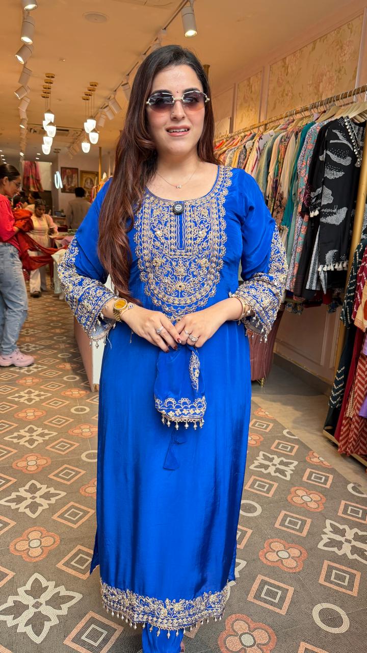 Royal Blue Embroidered Straight Kurta
