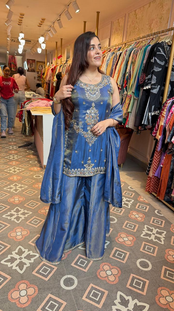 Royal Blue Embroidered Palazzo Suit