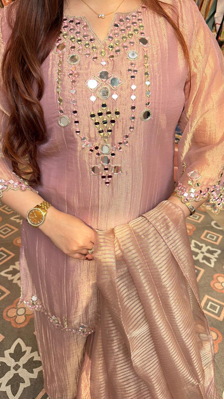 Blush Pink Mirror-Embroidered Kurta Palazzo Set with Striped Organza Dupatta