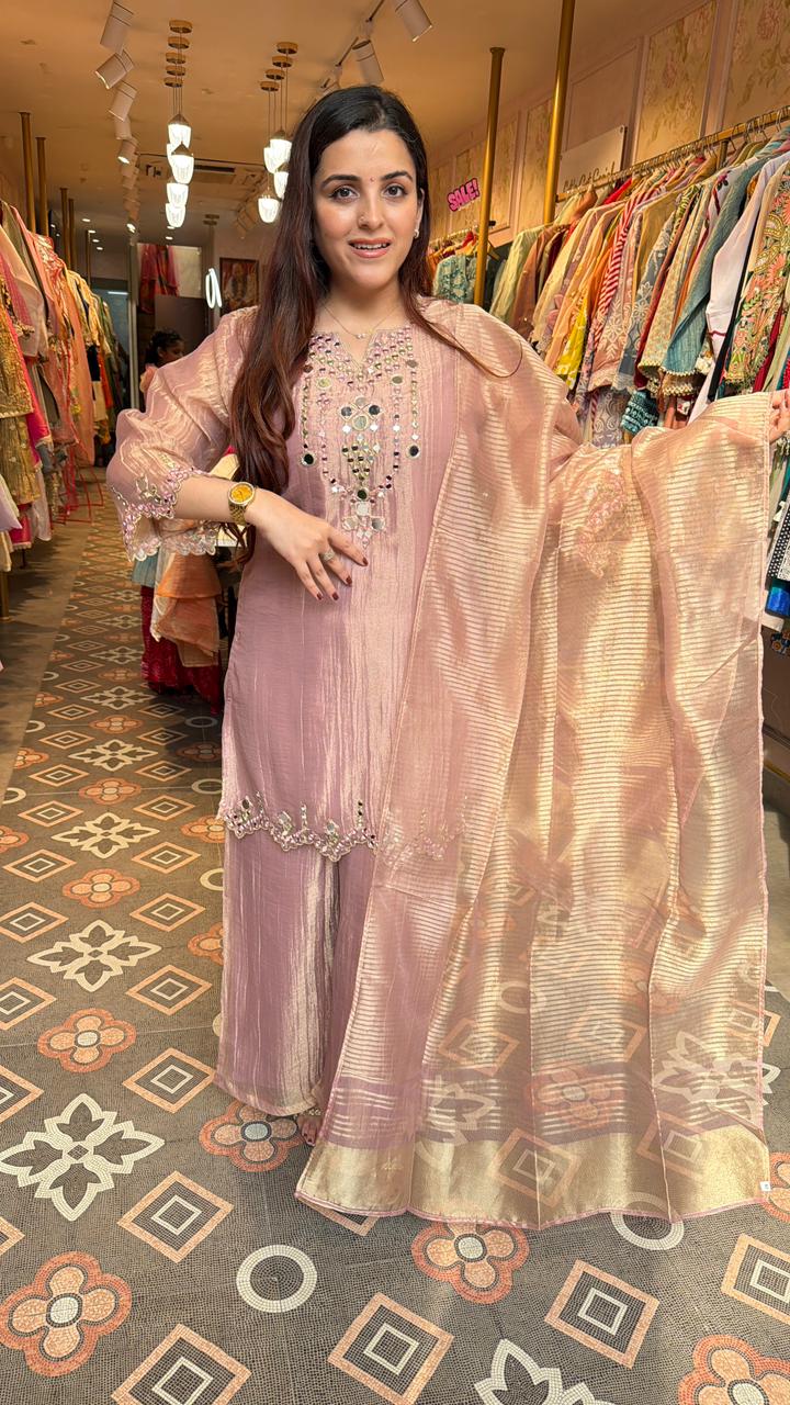 Blush Pink Mirror-Embroidered Kurta Palazzo Set with Striped Organza Dupatta
