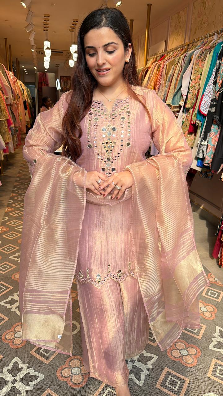 Blush Pink Mirror-Embroidered Kurta Palazzo Set with Striped Organza Dupatta