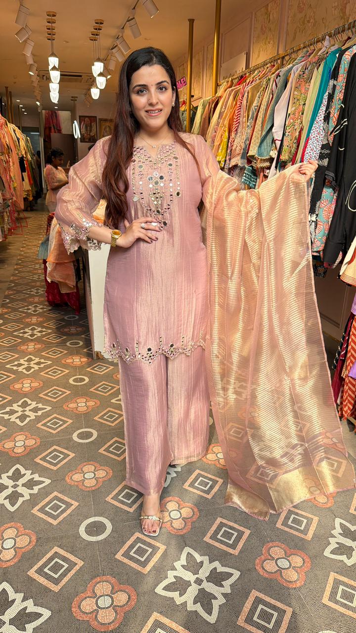 Blush Pink Mirror-Embroidered Kurta Palazzo Set with Striped Organza Dupatta