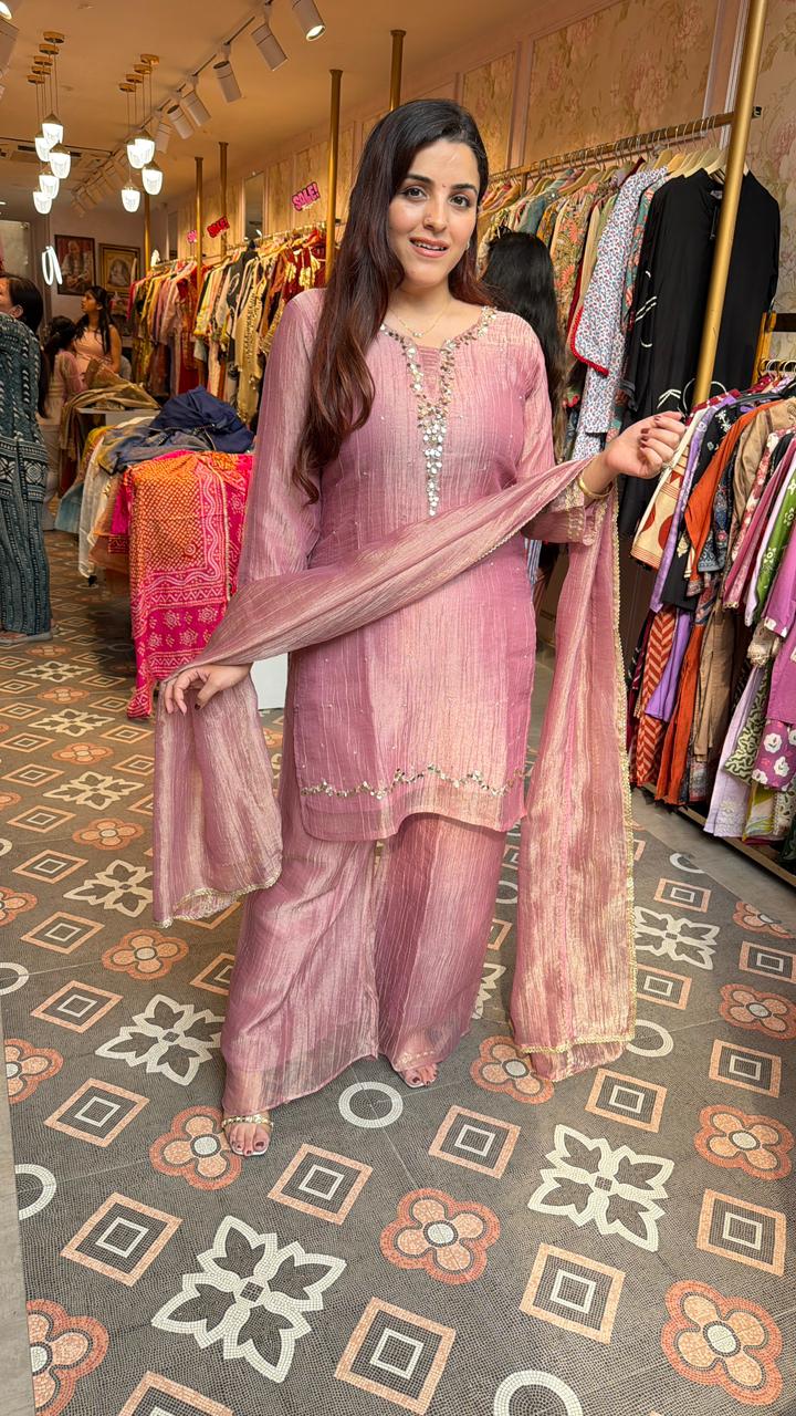 Dusty Rose Mirror-Work Kurta Palazzo Set
