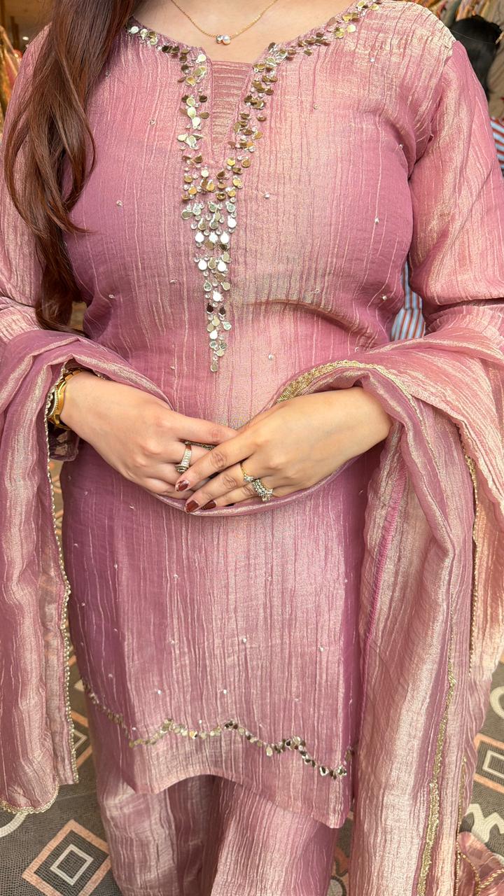 Dusty Rose Mirror-Work Kurta Palazzo Set